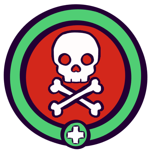 A drawing of a cartoony skull and crossbones on a red background, surrounded by a green ring. At the bottom of the ring is a small green circle with a white plus sign inside - a symbol for first aid.